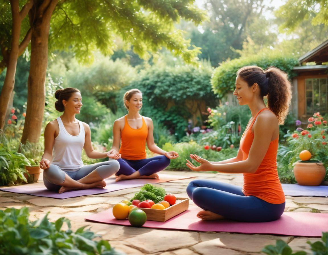 A serene and uplifting scene featuring diverse individuals engaged in nourishing activities, such as preparing healthy meals, practicing yoga, and supporting each other in a beautiful garden. Include symbols of health like fruits and vegetables, as well as nature elements that inspire healing. The overall tone should be warm, inclusive, and hopeful, evoking a sense of community and wellness. vibrant colors. soft focus. painting.