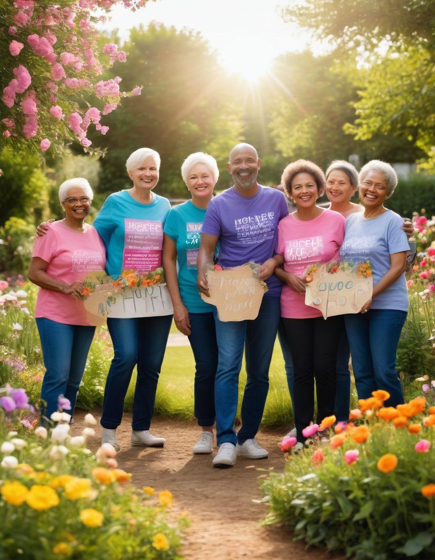 A diverse group of cancer survivors of various ages and ethnicities celebrating together in a bright, cheerful community garden, surrounded by blooming flowers and supportive signs of hope. The scene should convey empowerment, unity, and resilience, with one person holding a 'Hope' banner. Soft sunlight illuminating the scene enhances the warmth and positivity. vibrant colors. super-realistic.